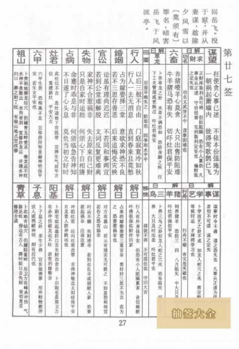 佛祖灵签第27签岳飞风波亭受害中下签